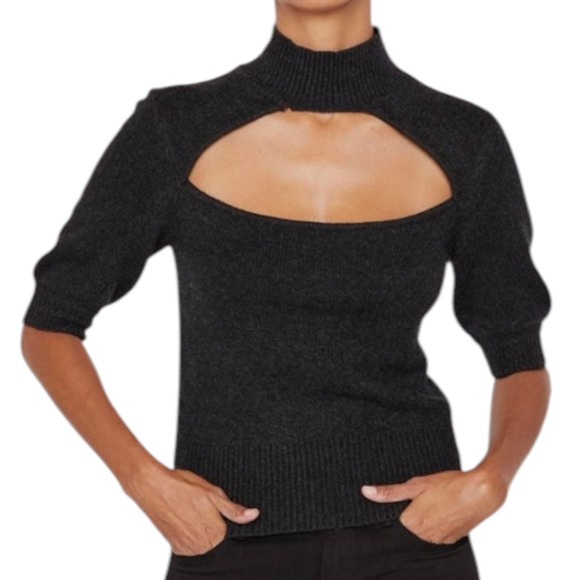 FRAME Sweaters - FRAME Dark Gray 100% Cashmere Cutout Mock Neck Short Sleeve Knit Sweater Small